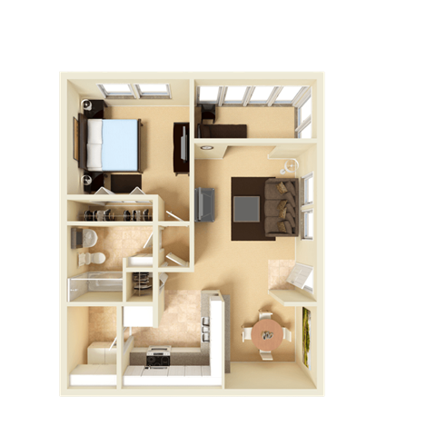 Floor plan for 1 bed, 1 bath, 720 sqft